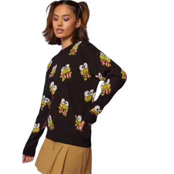 Hello Kitty & Friends by Forever 21 Knit Sweater Keroppi Print Black Green Sz L - Picture 9 of 14